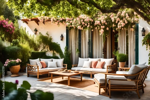 a tastefully arranged terrace with sophisticated garden furniture, plush cushions in soft pastel shades, and a quaint coffee table, bathed in warm sunlight © usama