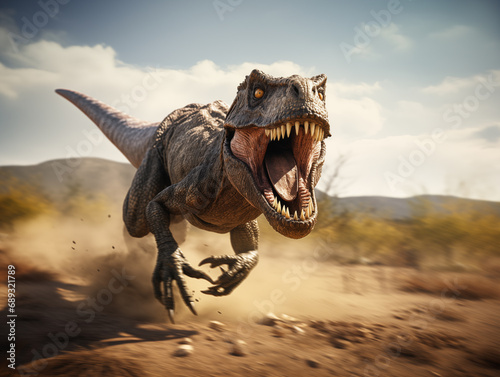Raptor Dinosaur Charging with Ferocity, Teeth Bared, Captured in Dynamic Motion © Tigarto