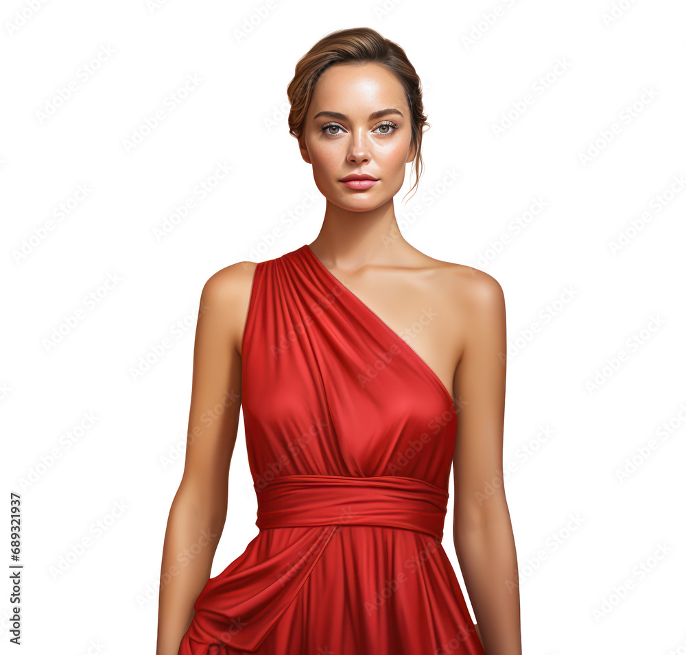 a woman in a red dress standing in front of a white background, a woman in a red dress standing in front of a white background,