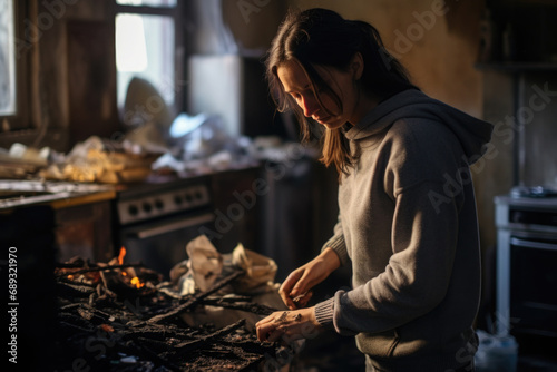 Depressed exhausted woman in messy kitchen. Routine and household chores