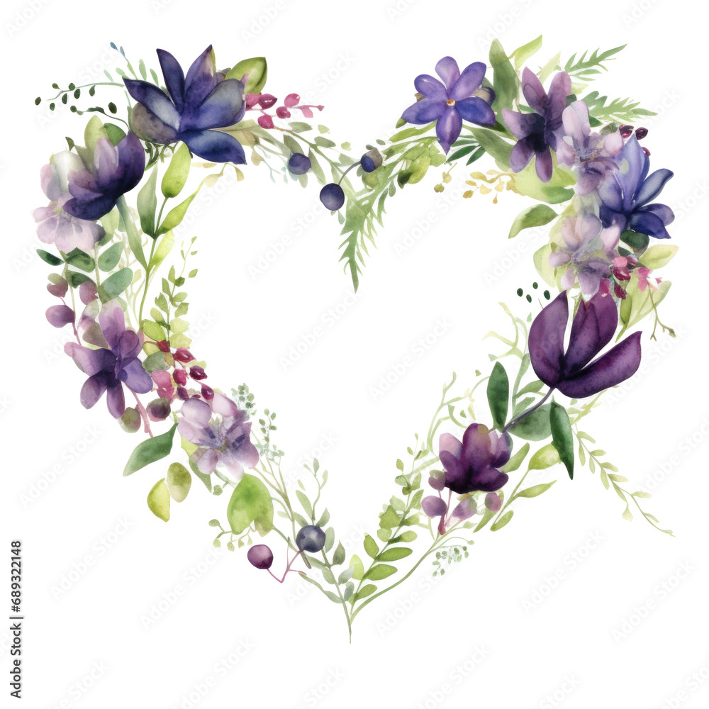 heart frame of flowers in watercolor, dark green and purple,