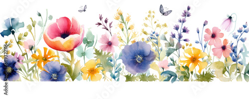 watercolor flowers border in the garden #689322116