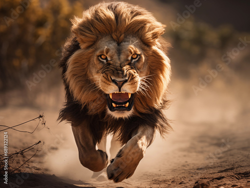Untamed Fury  Angry Lion Charging with Ferocity  Teeth Bared  Captured in Dynamic Motion with Shallow Depth of Field
