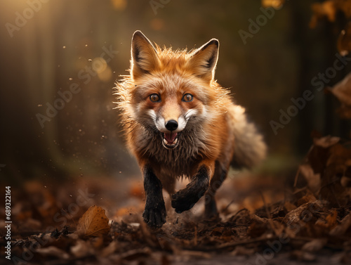 Fox Walking with Grace Towards the Camera, Captured in Dynamic Motion with Shallow Depth of Field © Tigarto