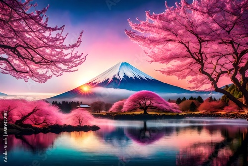 a futuristic interpretation of Mt. Fuji and cherry blossoms, set in a surreal environment with floating islands and vibrant neon colors