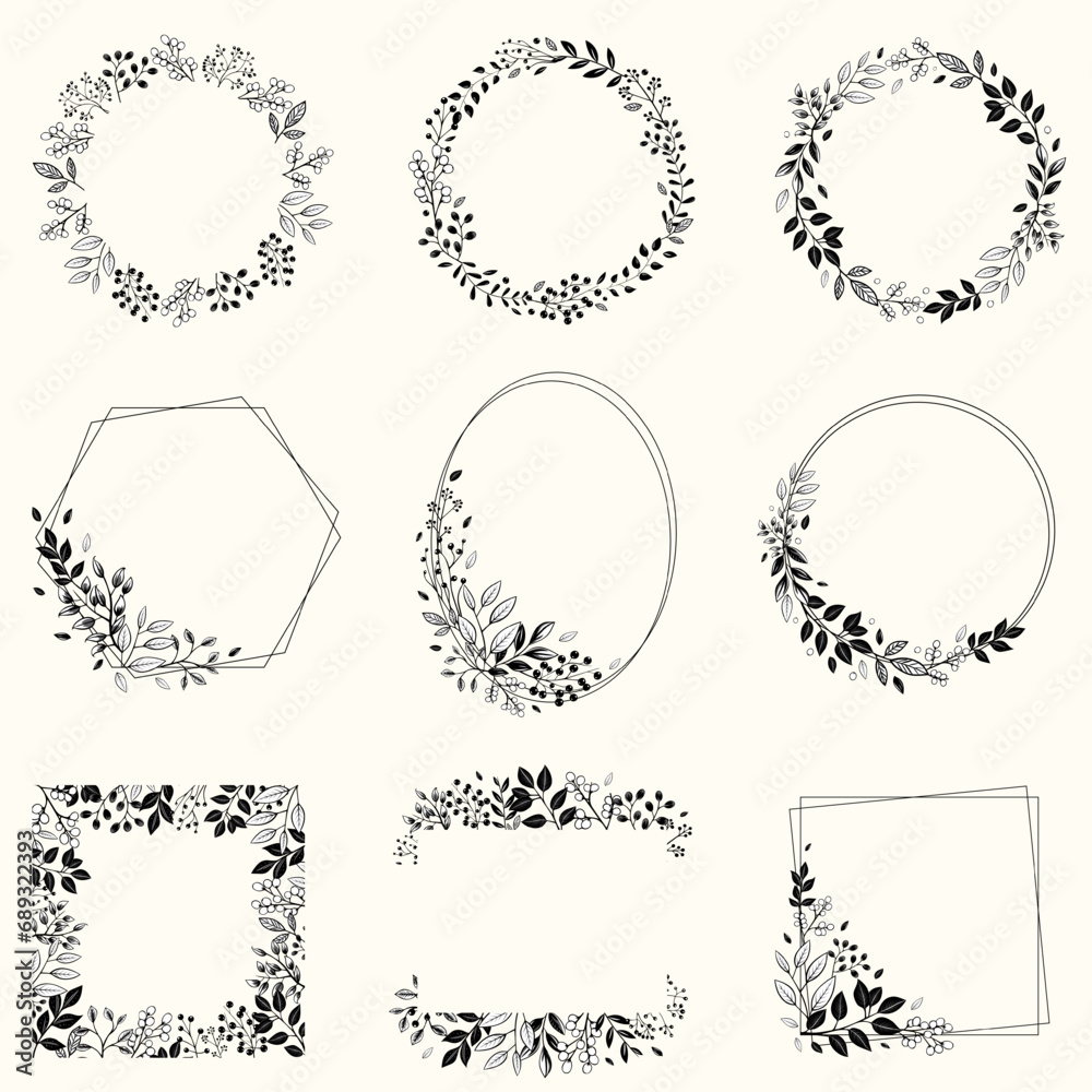 Set of monochrome botanical frames with leaves and berries. Vector floral border wreath for invitations, posters and wedding. Set of monochrome botanical frames with leaves and berries. Vector floral border wreath for invitations, posters and wedding.