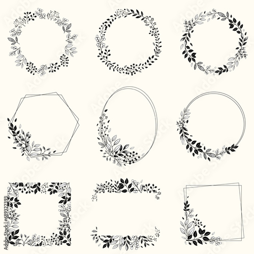 Set of monochrome botanical frames with leaves and berries. Vector floral border wreath for invitations, posters and wedding.