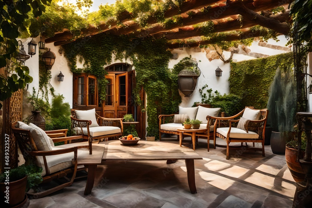  an artistic interpretation of a vintage villa patio with rustic wooden furniture, aged accents, and climbing vines - obrazy, fototapety, plakaty 