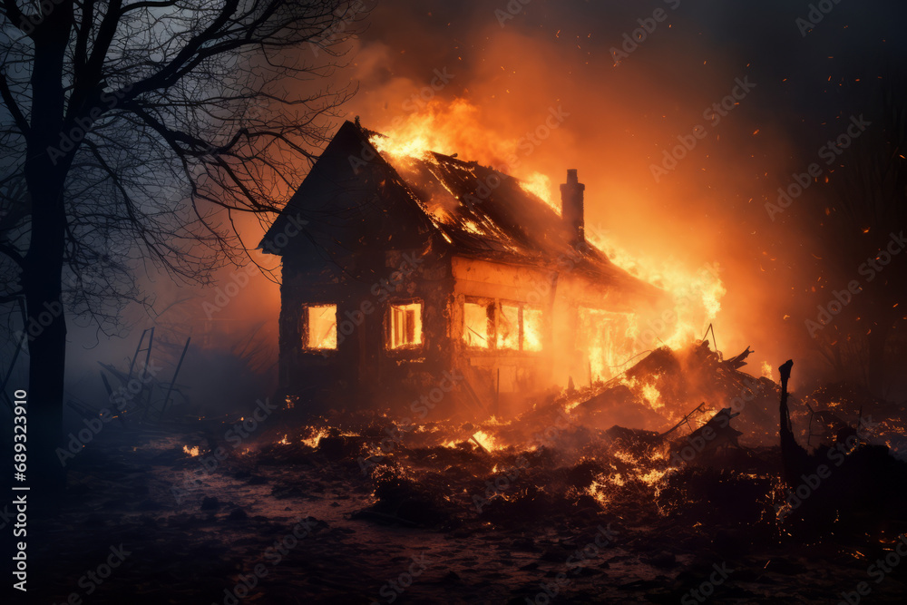 House burning in fire at night. Scary dark landscape House burning in fire at night. Scary dark landscape