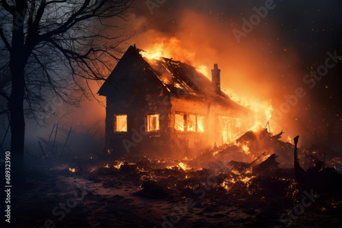 House burning in fire at night. Scary dark landscape