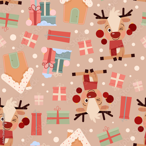 Seamless Christmas pattern of deer and New Year's gifts on vintage background