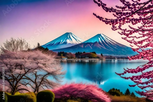 a futuristic interpretation of Mt. Fuji and cherry blossoms, set in a surreal environment with floating islands and vibrant neon colors