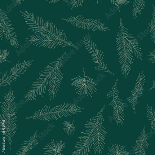 Seamless pattern with fir branches. Vector illustration. Green background