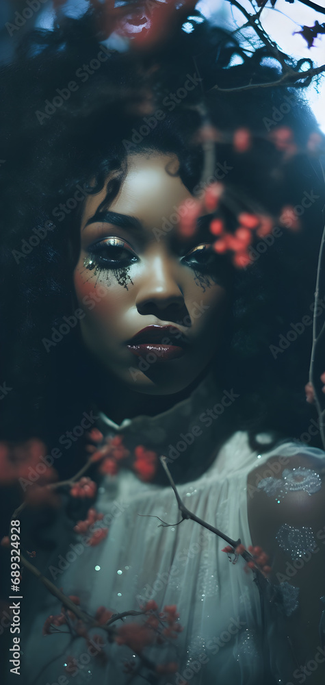 Attractive seductive African woman with makeup and elegant vintage sexy dress posing in a church. Scary and glamorous portrait of a female in gothic fashion. Horror and fantasy concept Attractive seductive African woman with makeup and elegant vintage sexy dress posing in a church. Scary and glamorous portrait of a female in gothic fashion. Horror and fantasy concept