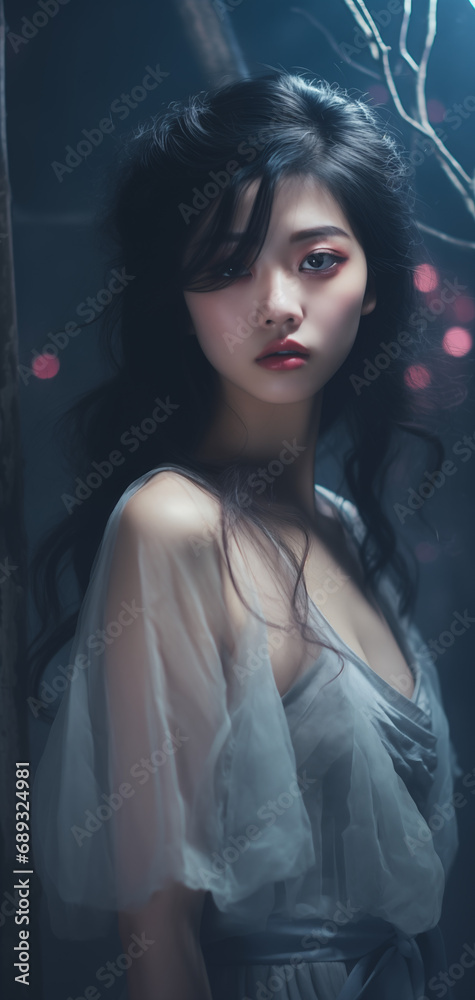 Attractive seductive Asian woman with makeup and elegant vintage ethereal dress posing in a garden. Light and glamorous portrait of a female in fairy fashion. Horror and fantasy concept