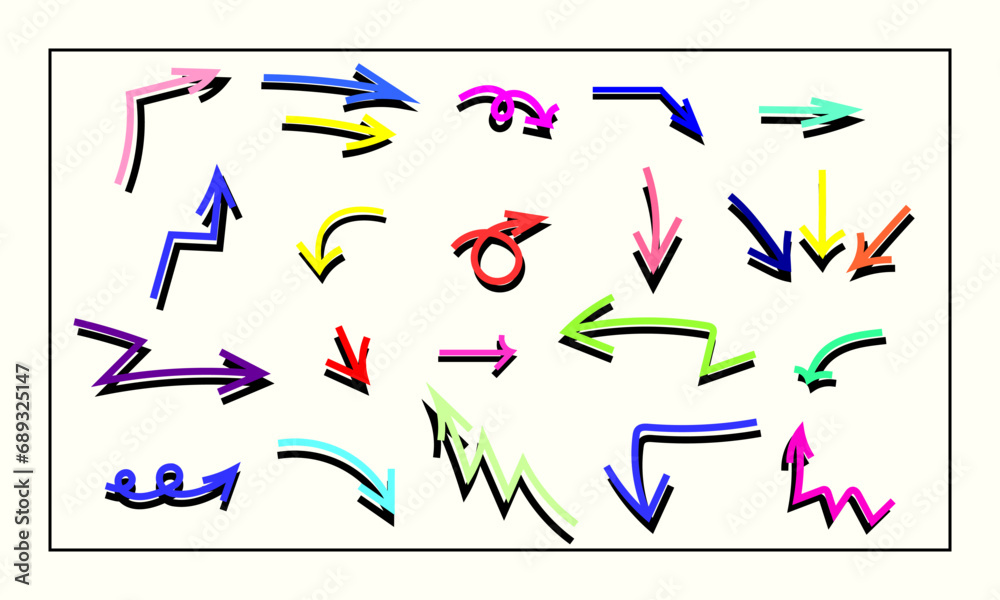 Set of various colorful hand drawn doodle arrows with direction pointers and shadows. Vector illustration set