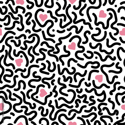 Seamless pattern doodle shapes with hearts and confetti. Abstract bold funky drawing elements in trendy pop art style. Pattern Background