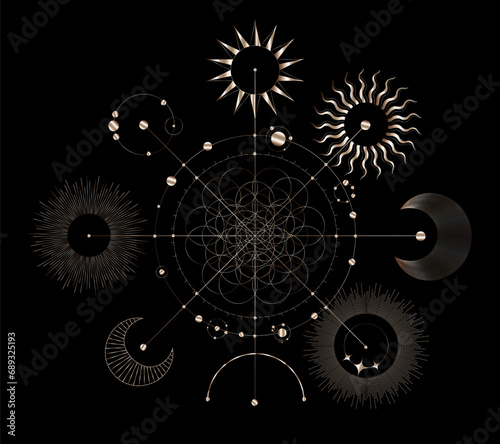  Gold celestial art  - visualization of sacred geometry vector templates - vector concept of divine cosmogonies symbols