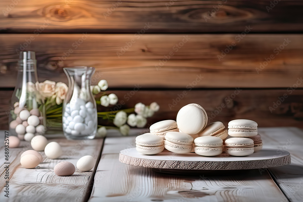 Elegant indulgence, Macarons on a wooden table a sophisticated stock photo capturing the delicate beauty and exquisite flavor of these sweet treats.