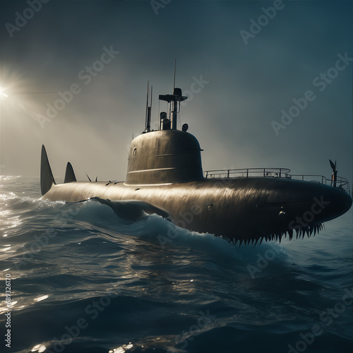 Submarine in ocean Shadow, hyper realistic 