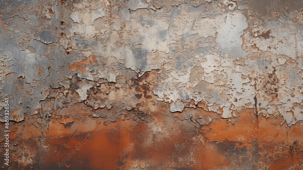 A close-up of a weathered metal surface, with rust and peeling paint adding to its textured appearance.