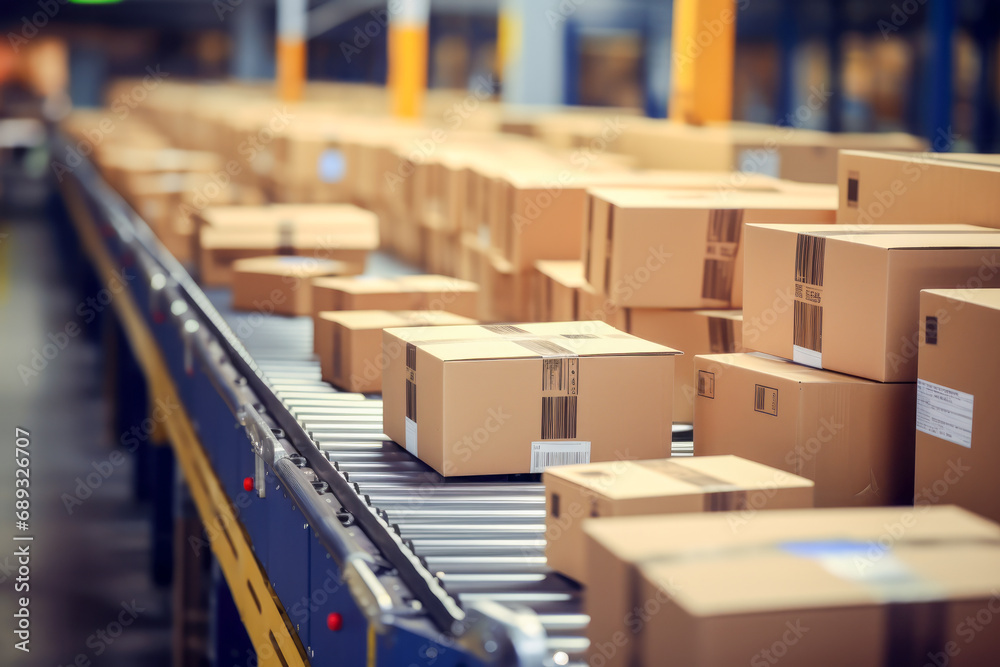 Cardboard boxes on conveyor belt in warehouse Cardboard boxes on conveyor belt in warehouse