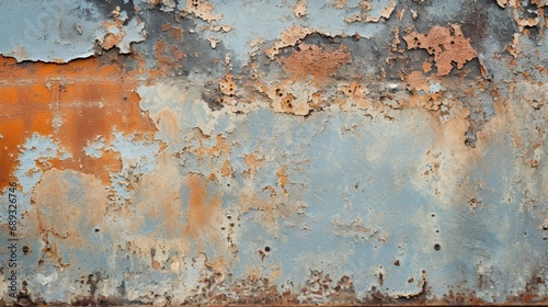 A close-up of a weathered metal surface, with rust and peeling paint adding to its texture. photo