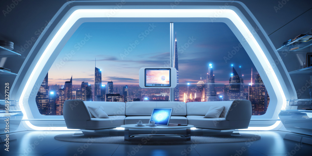 futuristic apartment interior design with panorama window and seating area futuristic apartment interior design with panorama window and seating area