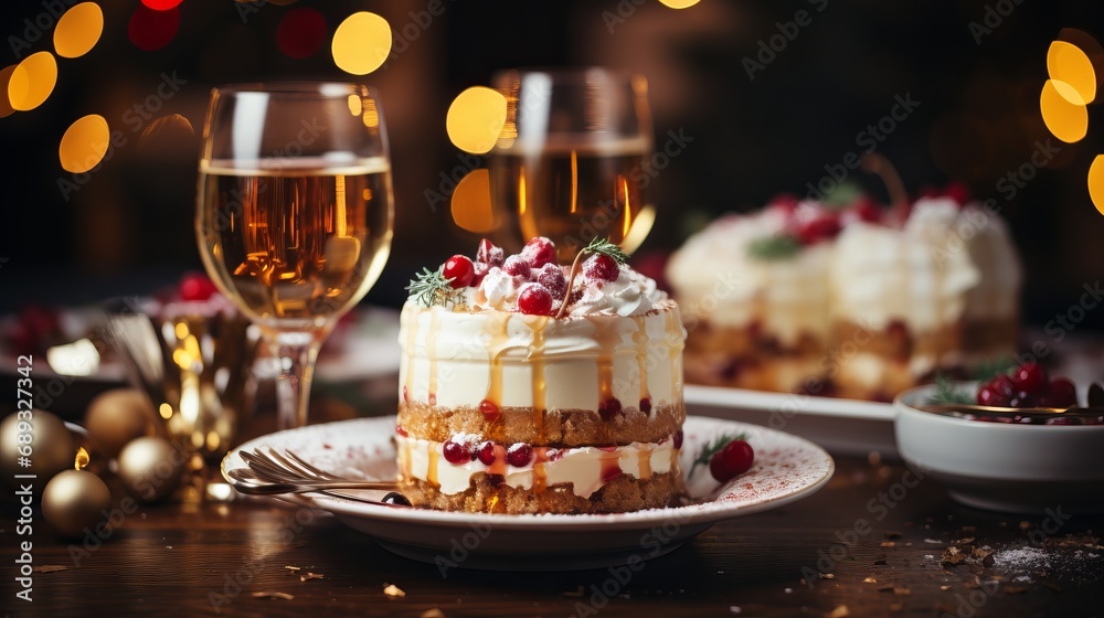 Naklejka premium Sweet pastries with berries. Showcase in a candy store. Glass stand with cake eclairs and tartlets. refrigerator shelves with sweets. Confectioner's work space.