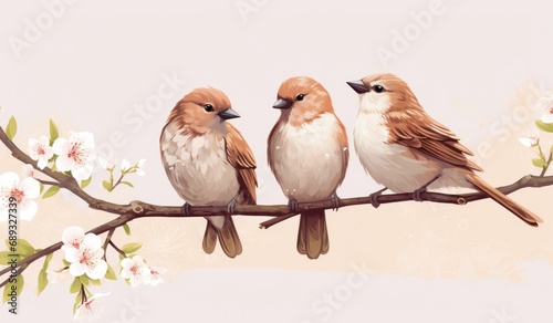 birds perched on a branch in the blooming flowers,
