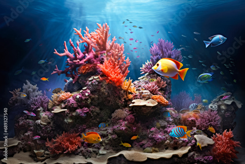 Colorful tropical coral reef and fish in the Sea.