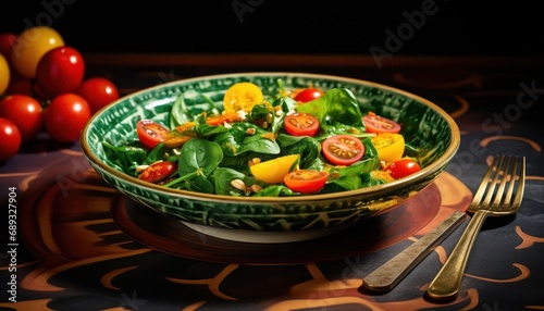 a bowl of green spinach salad with tomatoes,