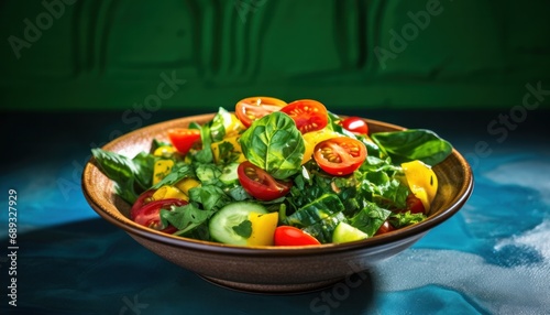a bowl of green spinach salad with tomatoes,