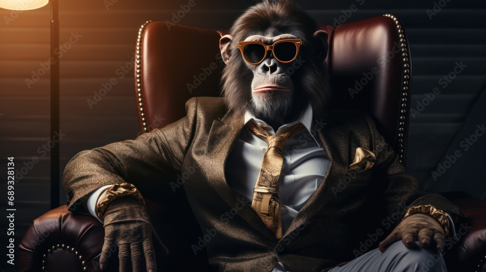 a chimp in a suit, sitting on a couch with sunglasses,
