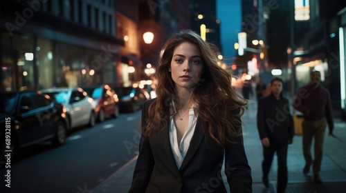 a business woman in a suit walking down a street at night,