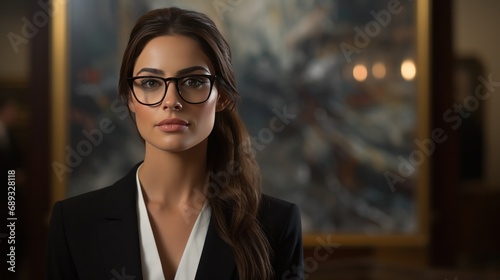 a business woman wearing glasses is standing in front of a painting,