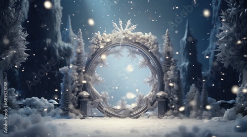 a christmas frame with snowflakes in front of it,