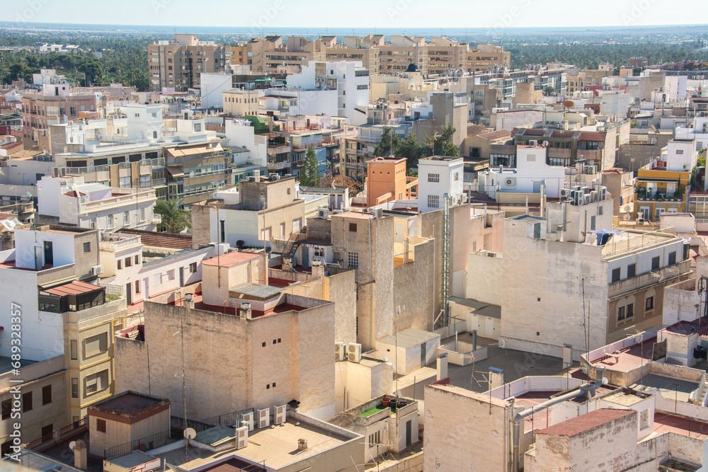 Areal view over the historic city center of Elche (Elx)  municipality of Spain, belonging to the province of Alicante, in the Valencian Community