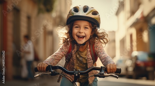 a cute girl wearing a helmet on her bike riding down the street, photo