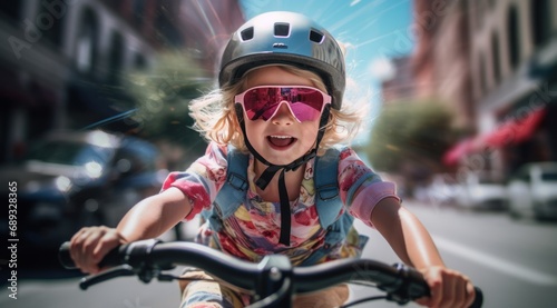 a cute girl wearing a helmet on her bike riding down the street,