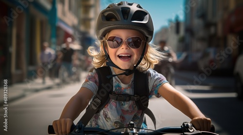 a cute girl wearing a helmet on her bike riding down the street,