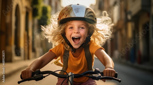 a cute girl wearing a helmet on her bike riding down the street,