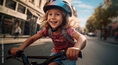 a cute girl wearing a helmet on her bike riding down the street,