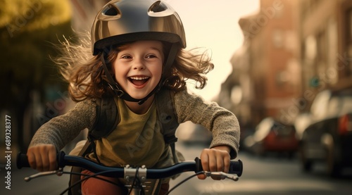 a cute girl wearing a helmet on her bike riding down the street,
