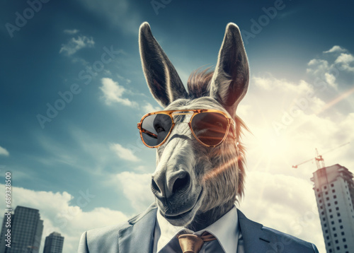 a donkey in a suit wearing sunglasses,