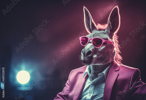 a donkey in a suit wearing sunglasses,