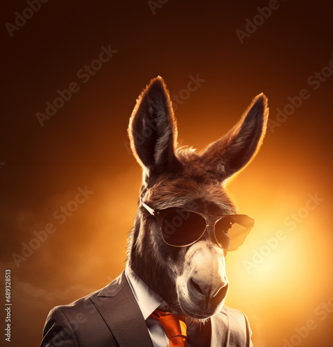 a donkey in a suit wearing sunglasses,