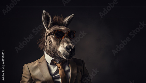 a donkey in a suit wearing sunglasses,