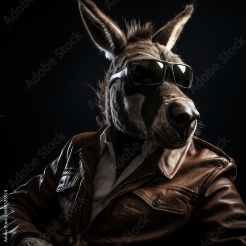 a donkey wearing sunglasses in leather,