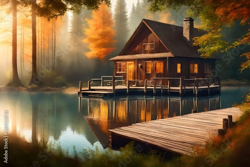  a charming cabin by a serene lake in the early morning, sunlight filtering through the trees, a cup of coffee on a wooden dock